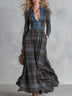 Vintage-Style Faux Denim-Trimmed Brown and Blue Plaid Maxi Dress