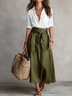 Black Shirt And Olive Green Midi Skirt Two-piece Suit
