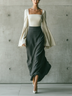 White Square Neck Flare Sleeve Top And Grey High‑Waist Maxi Skirt Set