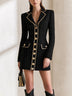Black Tweed Blazer Gold Trim Button Long Sleeve Elegant Mini Dress