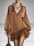 Brown satin V-neck mini dress with chiffon paneling