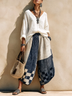 Blue Color‑Block Loose Pants & White V‑Neck Casual Top Set