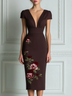 Brown Printed V-Neck Slim Elegant Midi Dress