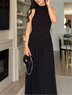 Black Pleated Belted Waist Maxi Dress