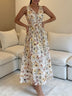 Elegant Printed Maxi Dress with Lace Paneling and Lace-Up Waist Detail