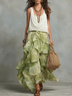 Green Floral Print Ruffle Maxi Skirt & White Cowl Neck Cami Set