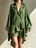Green Leopard Print Button-Front Ruffle Hem High-Low Shirt Dress