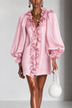 Pink Ruffled Puff-Sleeve Loose Straight-Cut Mini Dress