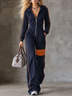 Navy Hooded Zip-Up Jumpsuit with Orange Stripe Detail