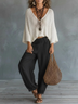 White V‑Neck Knit Loose Top & Black Casual Pants Set