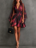 Black Burgundy Abstract Floral Chiffon Cape Sleeve Surplice V‑Neck Mini Party Dress