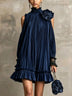 Elegant Olive Green Pleated Mini Dress with High Neck, Ruffle Hem & Rose Detail