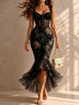 Black Romantic Floral Midi Mermaid Dress with Lace Trim