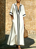 White Contrast Trim V-Neck Loose Fit Kaftan Maxi Dress