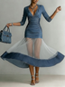 Blue Denim Mesh Panel Fitted Midi Dress