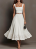 White Sleeveless Lace Waist‑Tied A‑Line Elegant Midi Dress