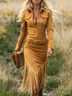 Vintage Western Lapel Zipper Tassel Midi Dress(Without belt)