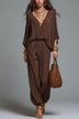 Brown Batwing Sleeve Loose Top & Casual Jogger Pants Set