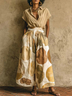 Beige Short Sleeve Shirt Print Wide Leg Pant Set