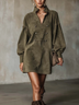 Olive Green Military-Inspired Puff Sleeve Tunic Dress