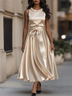 Elegant Ivory Sleeveless Satin Midi Dress with Pearl Neckline and Bow Waist