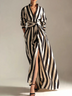 Black and White Vertical Striped Tie-Waist V-Neck Maxi Dress with Front Slit