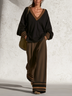 Black & Brown V-Neck Loose Top and Wide-Leg Pants Two-Piece Set