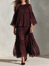 Elegant Burgundy Pleated Long Sleeve Maxi Dress with Flowing Tiered Skirt