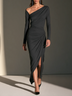 Elegant Black Long Sleeve Ruched One-Shoulder Maxi Dress with Draped Side Slit