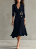 Elegant Navy Blue Pleated Wrap Midi Dress with Long Sleeves and Button Detail