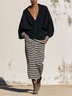 Black V-Neck Long Sleeve Top and Striped Midi Skirt Two-Piece Set