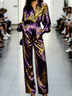 Purple and Gold Abstract Print Button-Up Blouse and Wide-Leg Pants Set