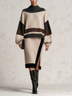 Color Block Oversized Knit Sweater and Midi Skirt Two-Piece Set