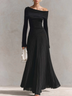 Elegant Black Off-Shoulder Long Sleeve Pleated Maxi Dress