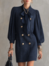 Chic Navy Textured Double-Breasted Bow Neck Mini Dress