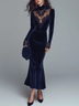 Elegant Navy Blue Lace Trim Velvet Mermaid Midi Dress