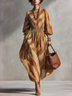 Elegant Abstract Print Long Sleeve Midi Dress with Elastic Waist