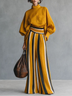 Mustard Yellow Loose Top and Striped Wide Leg Pants Two-Piece Set