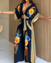 Navy Floral Print Kimono Top and Wide Leg Pants Two-Piece Set