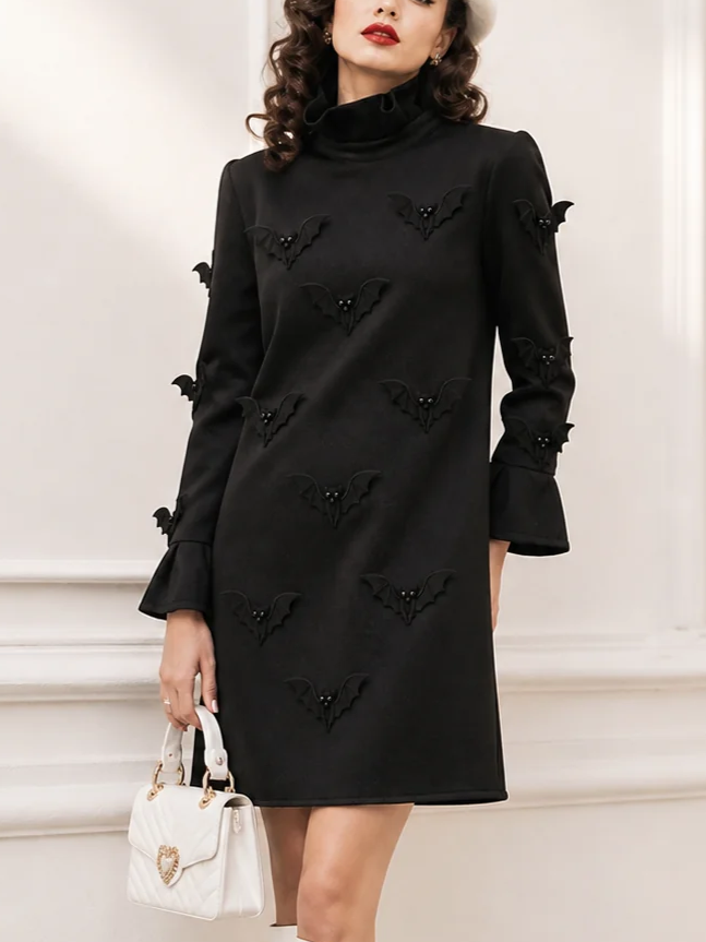 Elegant Black Bat Embroidered Flared Sleeve Mini Dress