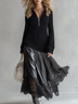 Chic Black Ribbed Zip-Up Midi Dress with Faux Leather Panel & Lace Hem