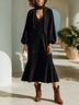 Elegant Black Long Sleeve Flare Midi Dress with Studded Collar & V-Neck