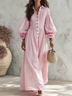 Elegant Pink Long Sleeve Pleated Maxi Dress with Button Front & Ruffle Cuffs