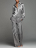 Elegant Silver Satin Lace Trim Two-Piece Set – Sophisticated Long Sleeve Top & Wide Leg Pants