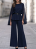 Elegant Navy Cape Sleeve Blouse and Wide-Leg Pants Two-Piece Set