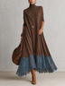 Brown Turtleneck Maxi Dress With Blue Lace Hem