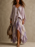 Boho Two Piece Outfit Oversize V Neck Crinkle Tunic Top Floral Lace Irregular Ruffle Maxi Skirt Set