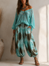 Boho Two Piece Outfit Off Shoulder Hollow Knit Lantern Sleeve Top Tie Dye Drawstring Harem Pants Set