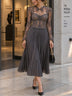 Elegant grey midi dress featuring lace panels and pleated chiffon