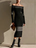 Off Shoulder Striped Ribbed Knit Midi Dress